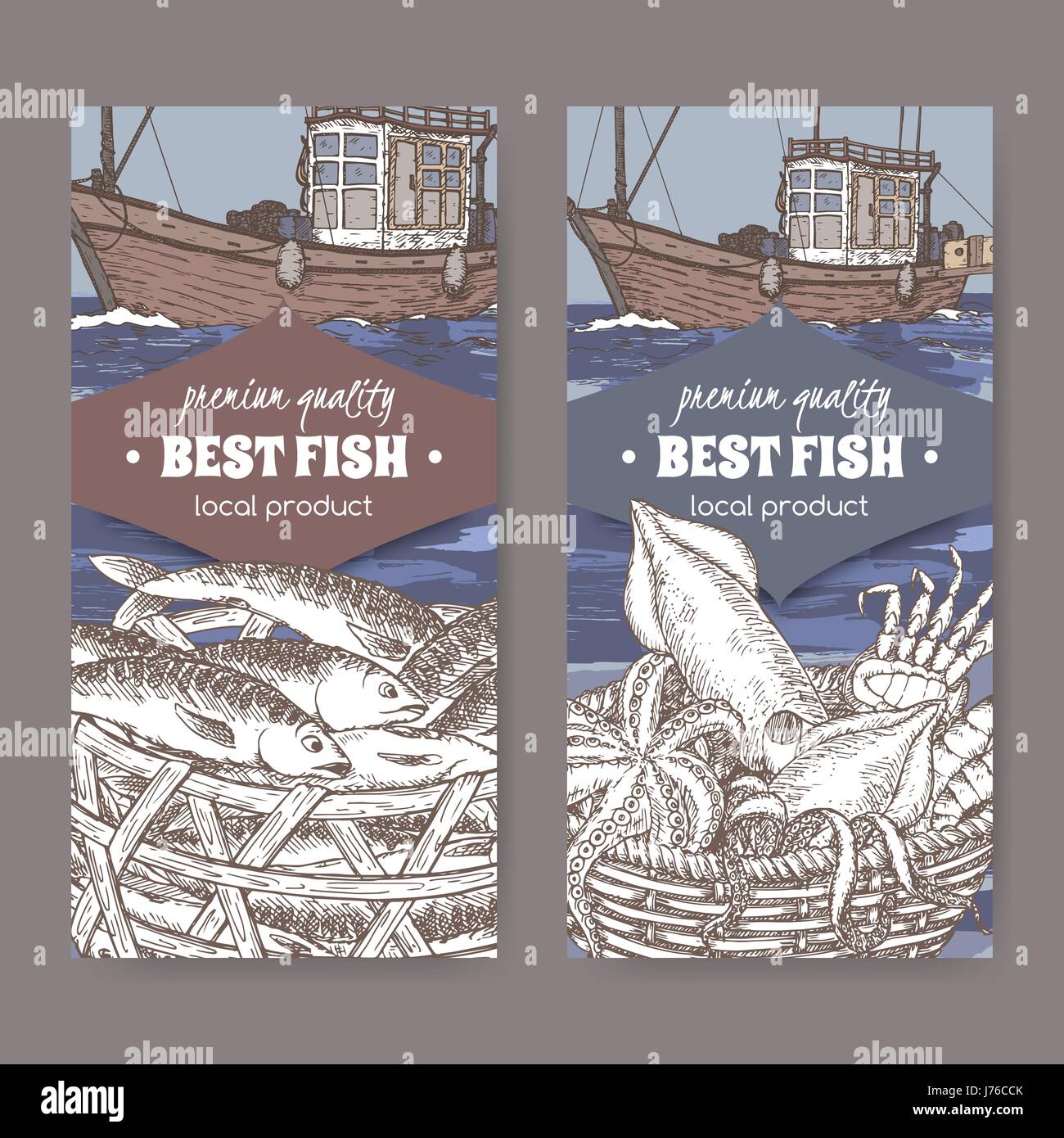 Two labels with color old fishing boat, fish and seafood basket. Stock Vector