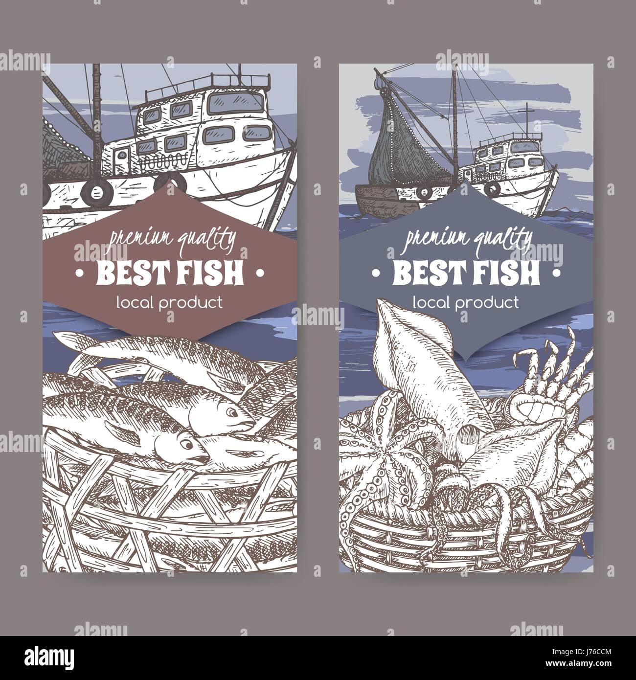 Two labels with color fishing boat, fish and seafood basket. Stock Vector