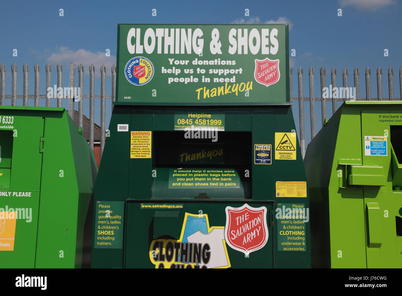 A Salvation Army repository for clothing and shoes in the grounds of a supermarket Stock Photo