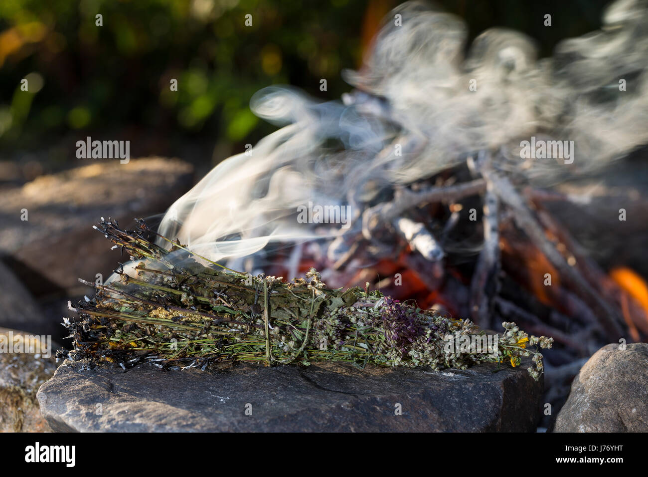 Räuchern am Lagerfeuer, Räucherbündel, Räucherbüschel, Räucherritual, Sommersonnenwende, Räuchern mit Kräutern, Kräuter verräuchern, Wildkräuter, Duft Stock Photo