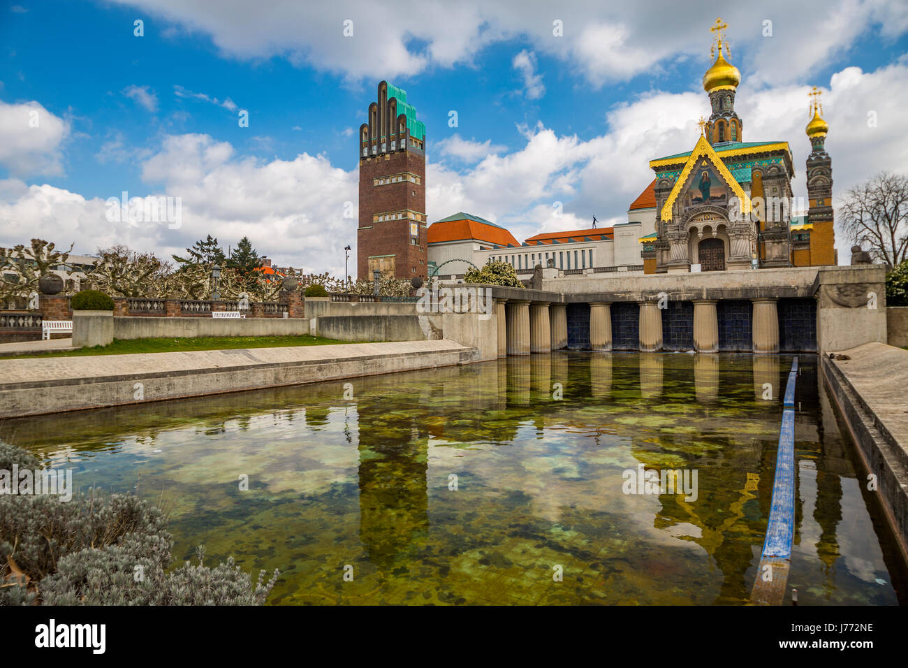 Darmstadt Artists' Colony at Mathildenhoehe with Wedding tower, exhibition  building, Russian Chapel and Lilienbecken, Darmstadt, Germany Stock Photo -  Alamy