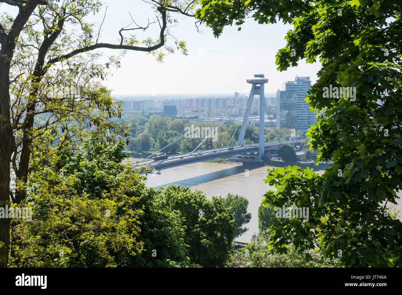 The UFO tower on the Danube bridge in Bratislava Stock Photo