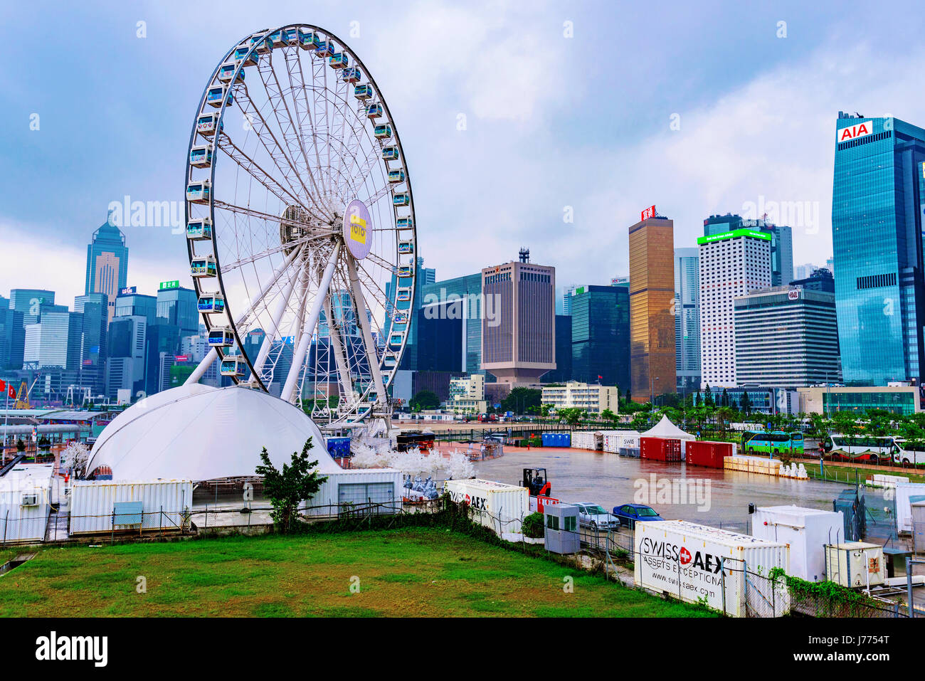 HONG KONG, CHINA - APRIL 25: This is the Hong Kong Observation Wheel with the Central financial district architecture in the background on April 25, 2 Stock Photo