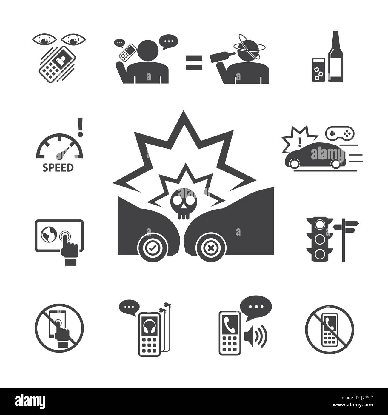 Do not use your phone while driving.Vector icons set for Infographic and Mobile application. Stock Vector