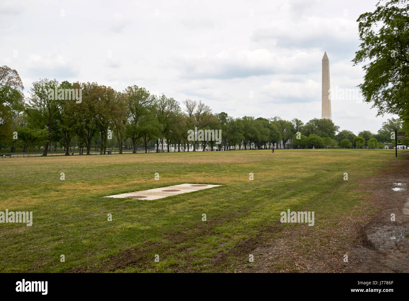 worn patchy grassy area beside the reflecting pool on the national mall Washington DC USA Stock Photo