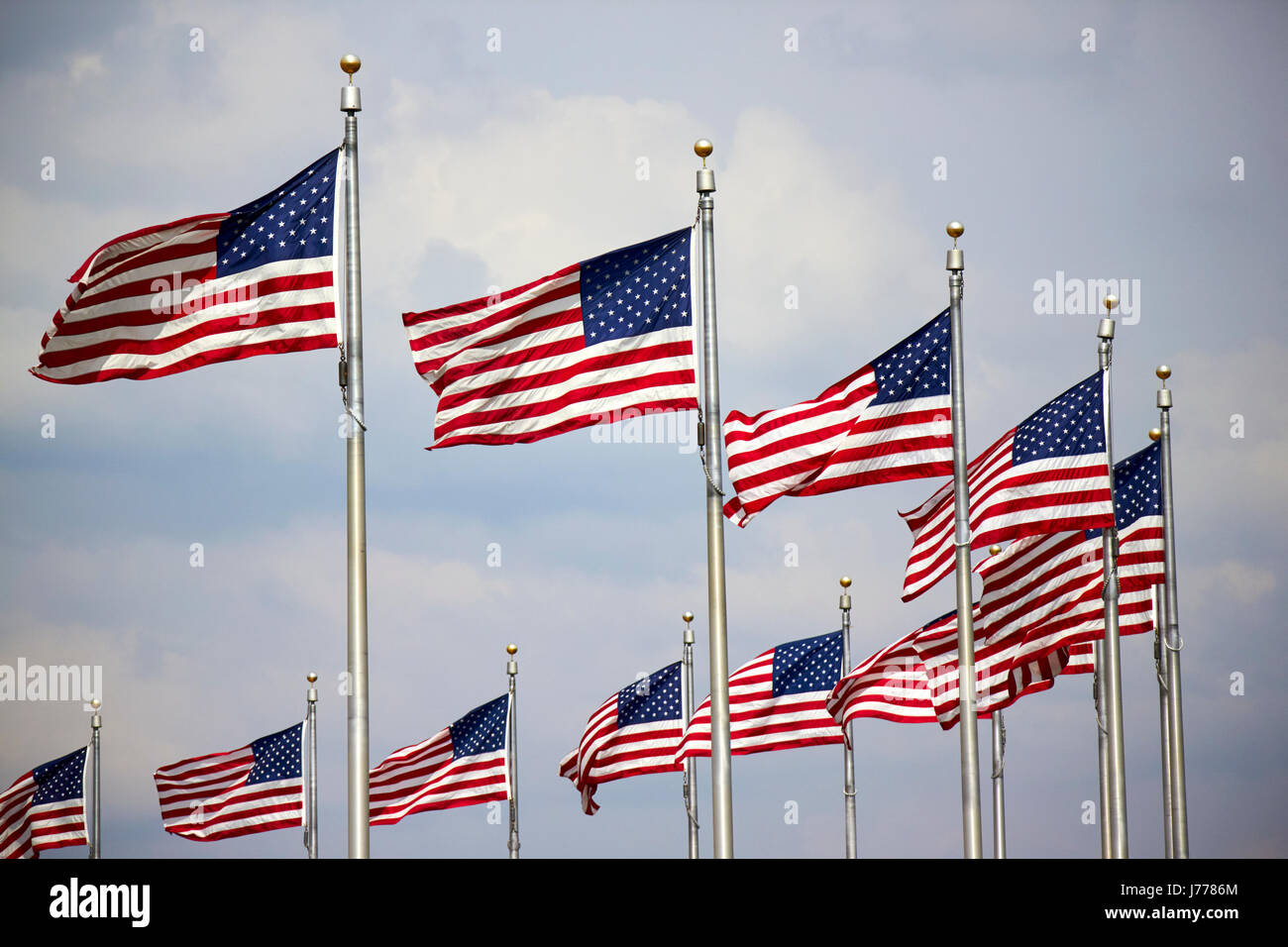 rows of us flags flying on the national mall at the washington monument Washington DC USA Stock Photo