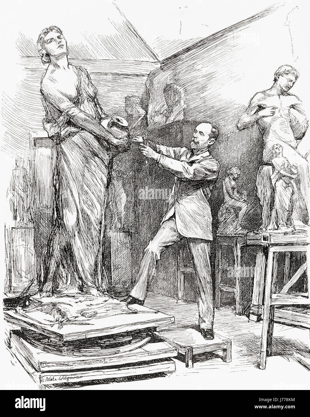 George A. Lawson at work in his studio.  George Anderson Lawson,  1832 – 1904.  English sculptor.  After a drawing by Theodore Blake Wirgman.  From The Century Illustrated Monthly Magazine, May 1883 - October 1883. Stock Photo