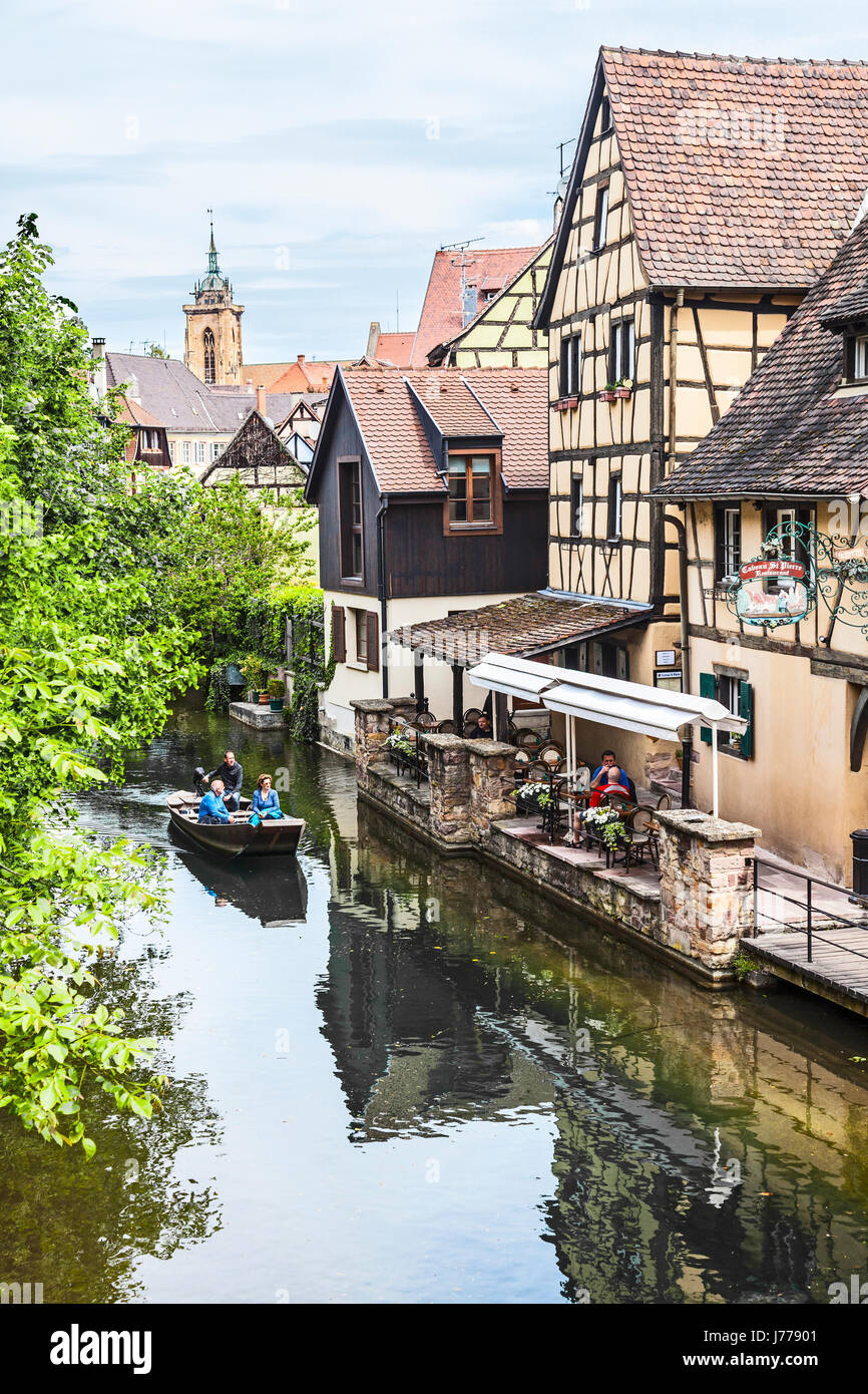 Caveau St Pierre, a half-timbered 16th century restaurant on the Lauch River, Petite Venise, Colmar, Alsace, France Stock Photo