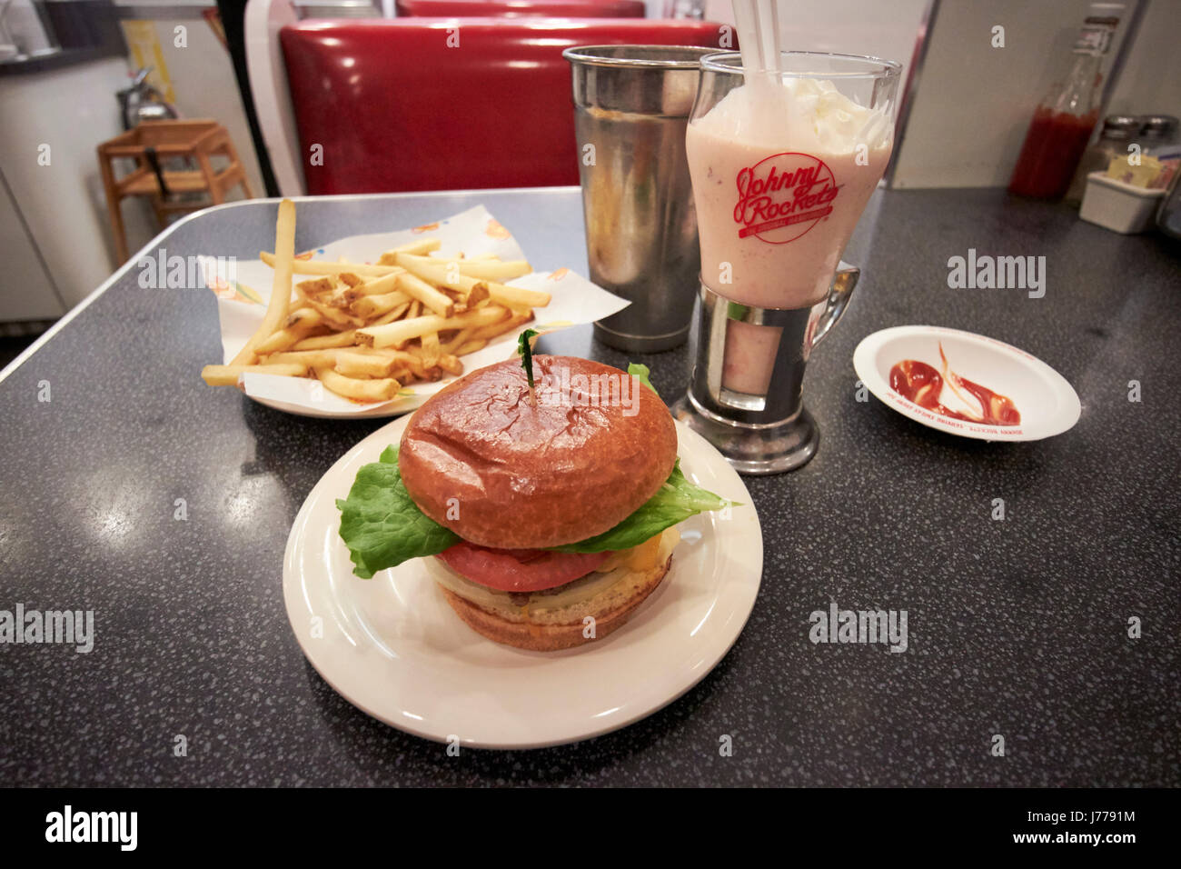 johnny rockets american diner burger  fries and milkshake Washington DC USA Stock Photo