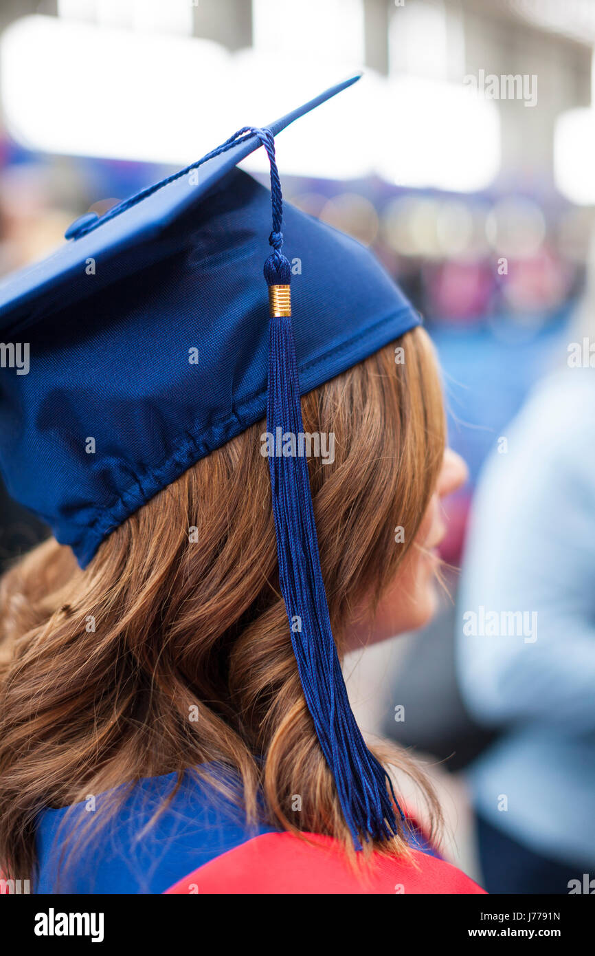 Close-up of woman wearing mortarboard Stock Photo
