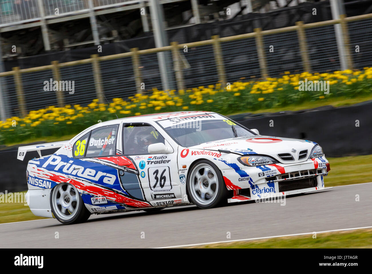 1999 Nissan Primera Super Touring Car with driver Keith Butcher at the Goodwood GRRC 74th Members Meeting, Sussex, UK. Stock Photo