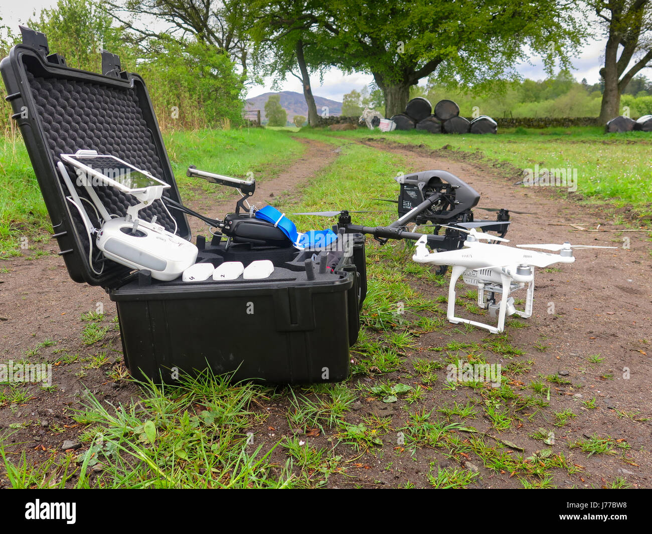 Drones and controllers with carrying case Stock Photo