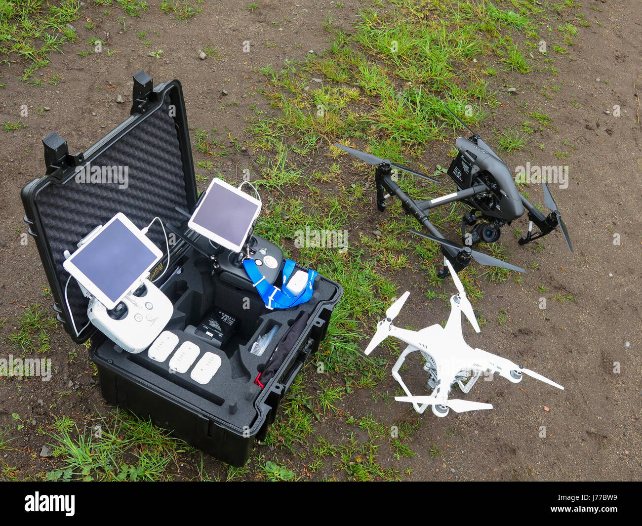 Drones and controllers with carrying case Stock Photo
