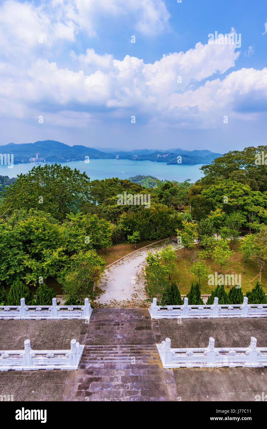 View of Sun Moon Lake with temple entrance Stock Photo