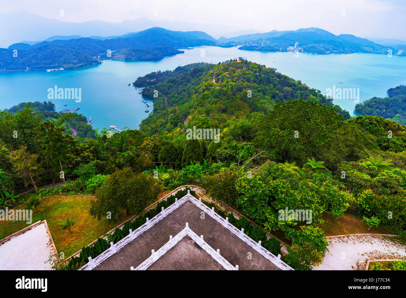 View of Sun Moon Lake with Ci'en pagoda temple grounds Stock Photo
