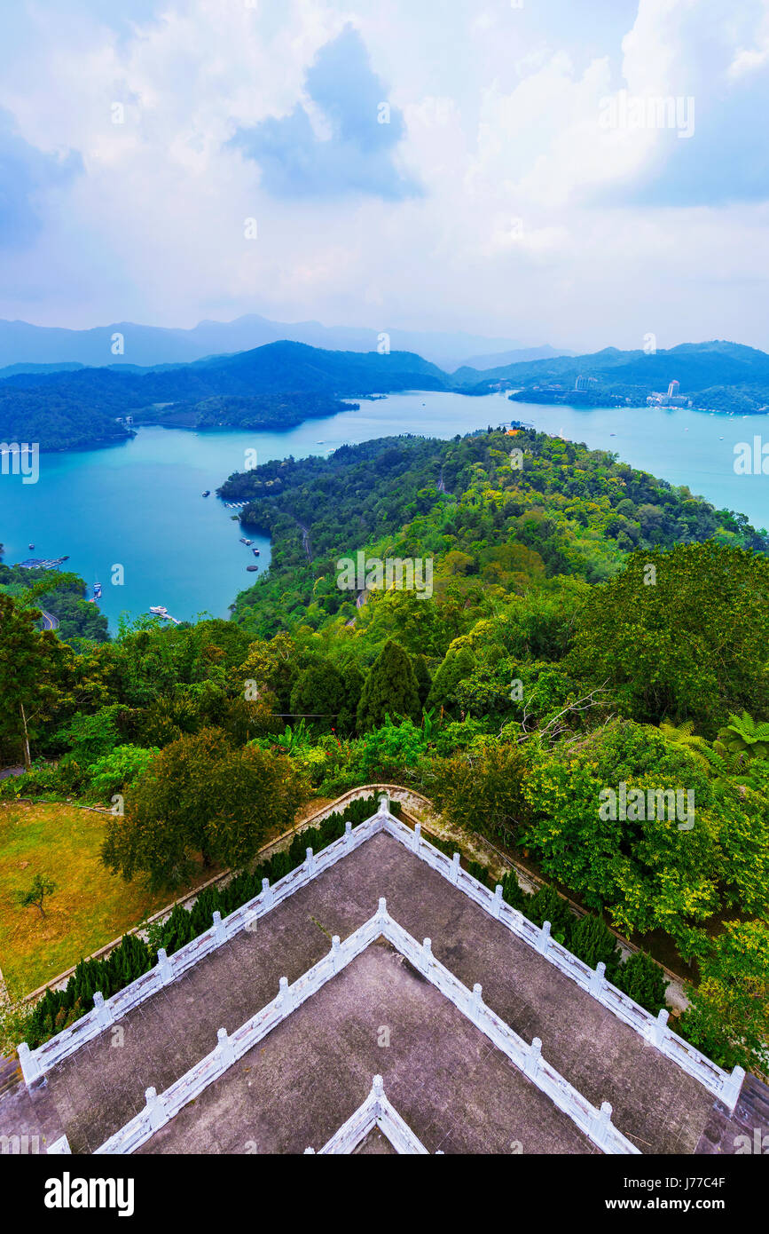 View of Sun Moon Lake with Ci'en pagoda temple grounds Stock Photo