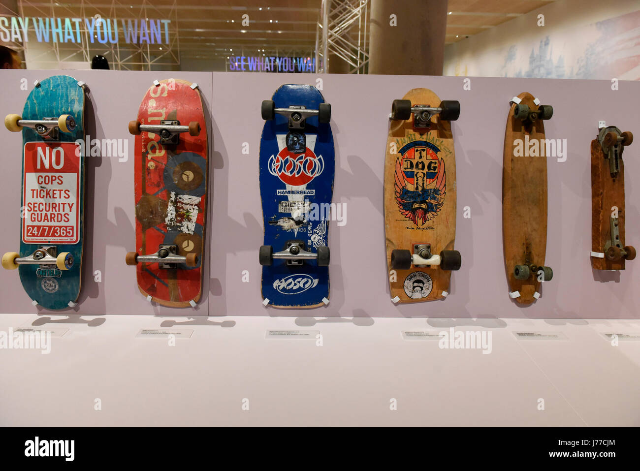 London, UK. 23rd May, 2017. The evolution of the skateboard deck 1950s to  2000s. Press preview of "California Designing Freedom", an exhibition at  the Design Museum celebrating the history of products designed