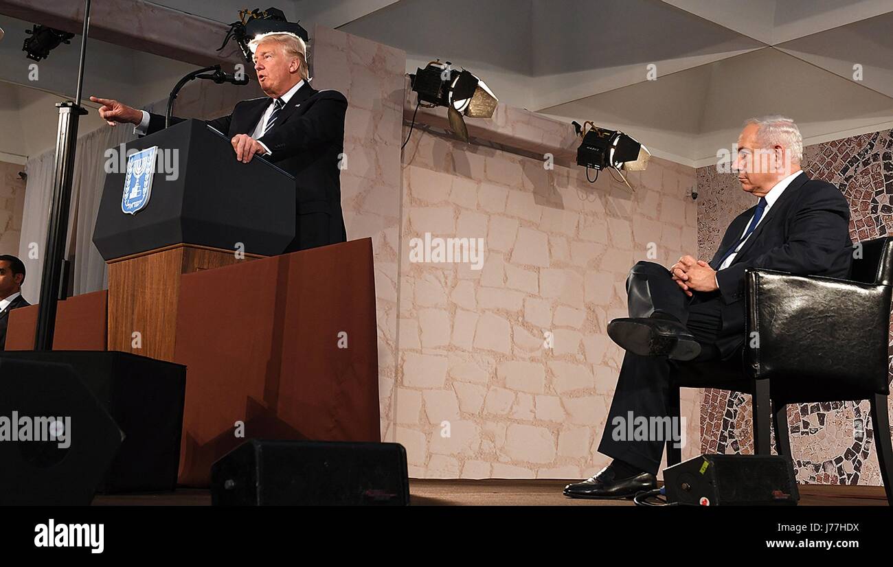 U.S. President Donald Trump delivers his address as Israeli Prime Minister Benjamin Netanyah looks on at the Israel Museum May 23, 2017 in Jerusalem, Israel. Stock Photo
