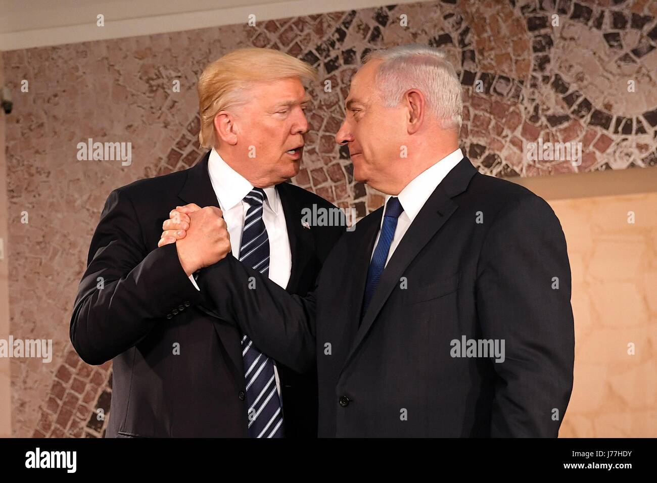 U.S. President Donald Trump shakes hands with Israeli Prime Minister Benjamin Netanyah following his address at the Israel Museum May 23, 2017 in Jerusalem, Israel. Stock Photo
