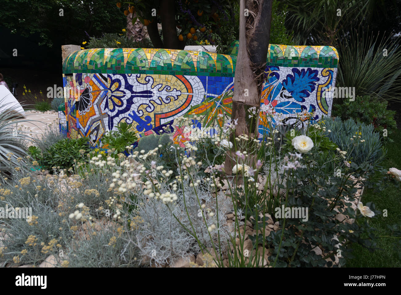 Chelsea, London, UK. 23rd May 2017. Sarah Eberle’s Viking Cruises Garden of Inspiration, inspired by Barcelona and the works of Antoni Gaudí, has been awarded a gold Medal at Chelsea Flower Show.  It was one of two golds at the show for Sarah, who also triumphed in the Floral Marquee with her display for Hillier Nurseries. The Viking Cruises Garden of Inspiration was one of six gardens in the Artisan Garden category to win gold. Credit: WansfordPhoto/Alamy Live News Stock Photo