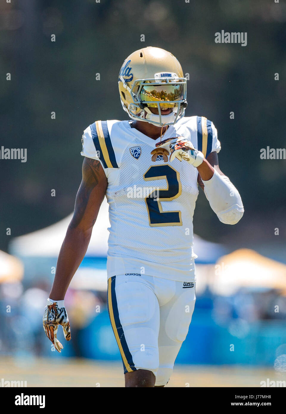 Los Angeles, CA, USA. 29th Apr, 2017. UCLA wide receiver (2) Jordan Lasley awaits the play during the UCLA white vs blue Spring Showcase on Saturday, April 29, 2017 at Drake