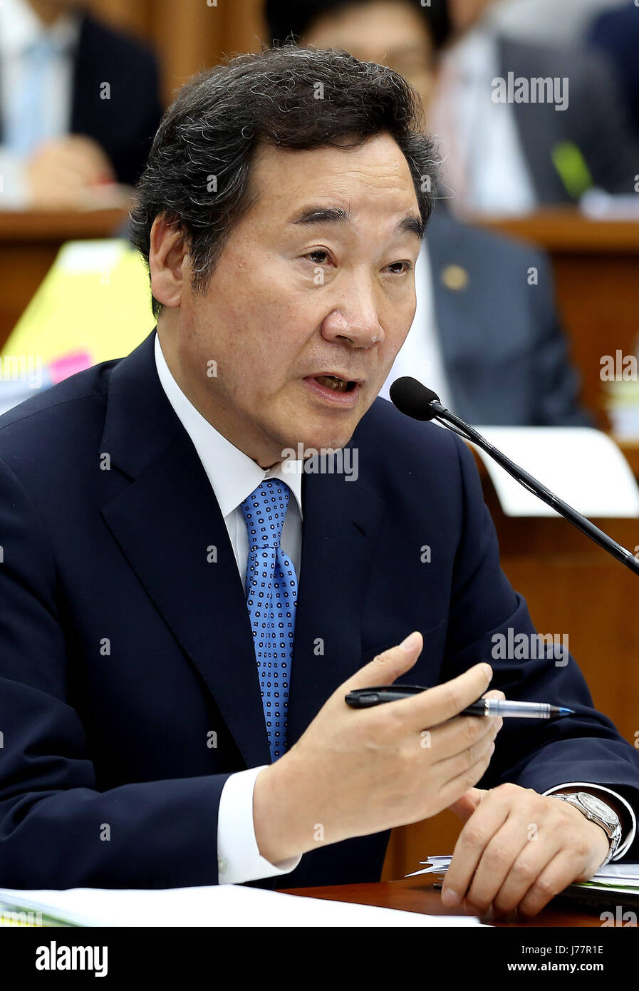 Seoul, South Korea. 24th May, 2017. Lee Nak-yon, the prime minister nominee of the Moon Jae-in administration, speaks during his confirmation hearing at the National Assembly in Seoul, South Korea, May 24, 2017. Lee Nak-yon, an incumbent governor of South Jeolla province, was named as the first prime minister of the Moon government earlier. Credit: Xinhua/Alamy Live News Stock Photo