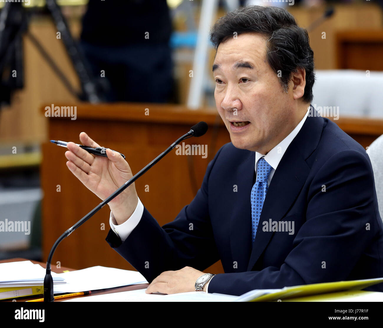 Seoul, South Korea. 24th May, 2017. Lee Nak-yon, the prime minister nominee of the Moon Jae-in administration, speaks during his confirmation hearing at the National Assembly in Seoul, South Korea, May 24, 2017. Lee Nak-yon, an incumbent governor of South Jeolla province, was named as the first prime minister of the Moon government earlier. Credit: Xinhua/Alamy Live News Stock Photo