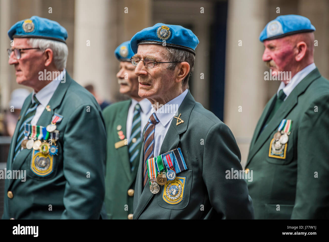 London, UK. 24th May, 2017. Blue berets worn with pride by old soldiers - A  remembrance march in honour of the International Day of United Nations  Peacekeepers. London 24 May 2017. Credit: