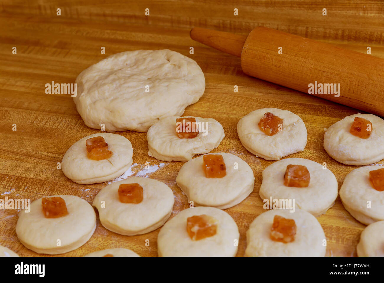 pie cooking in the kitchen with ingredients and tools. Stock Photo