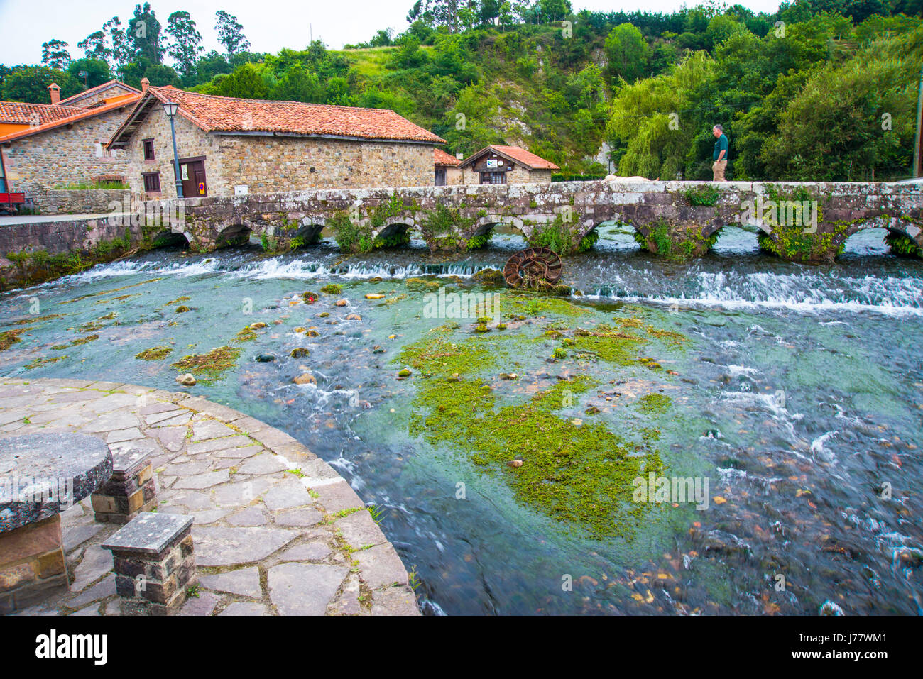 Stone footbridge over La Fuentona river. Ruente, Cantabria, Spain. Stock Photo