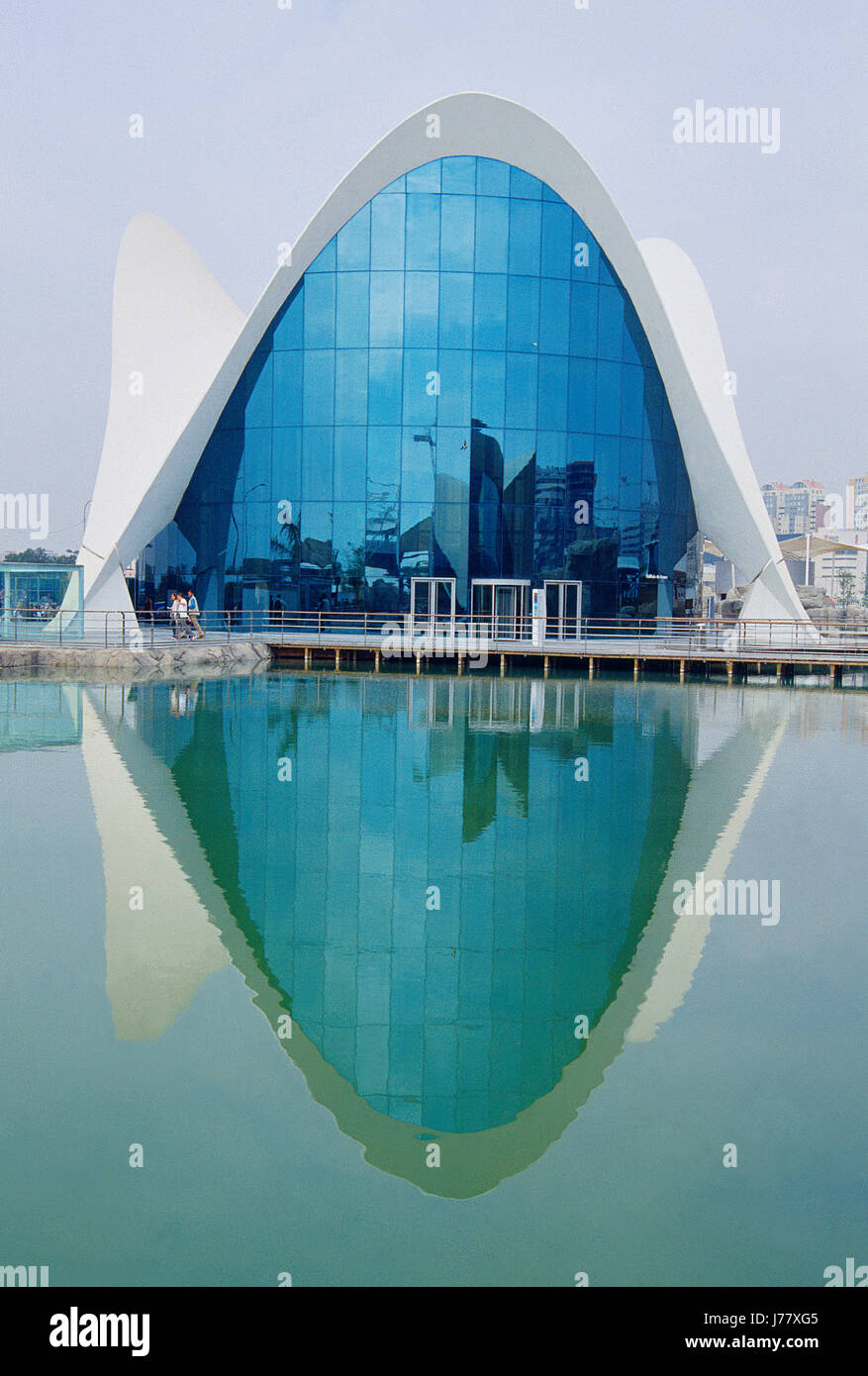 L'Oceanografic and its reflection on the pond. City of Arts and Sciences, Valencia, Spain. Stock Photo