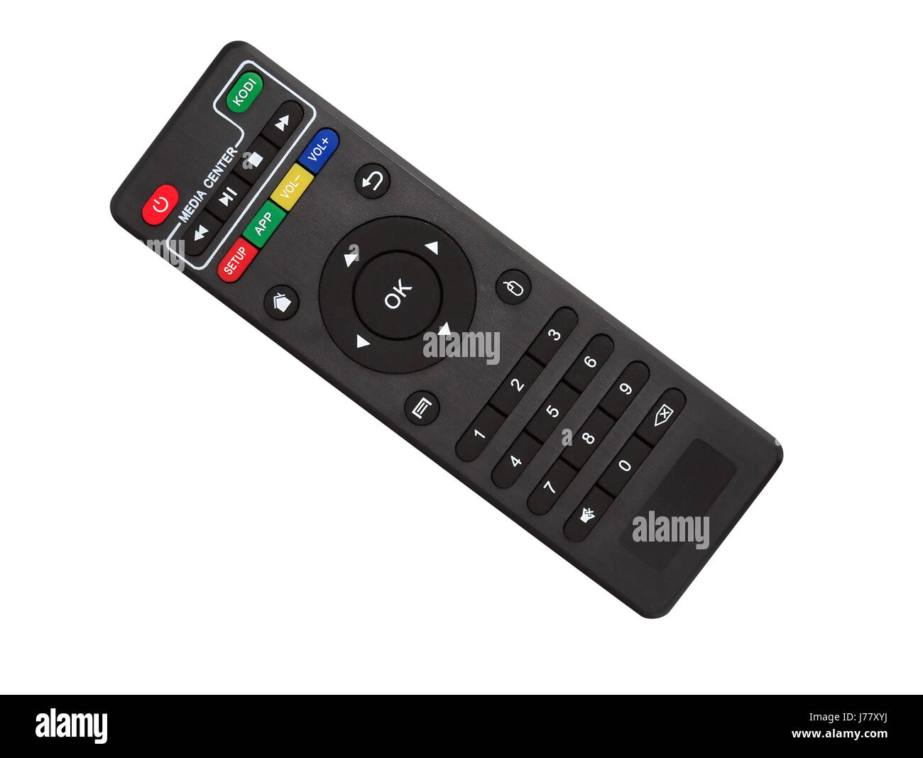 Modern compact TV remote control on white background. Isolated with clipping path Stock Photo