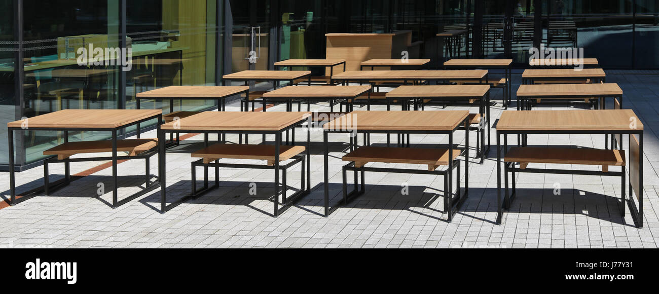 Schools Out In Summer Concept Wooden School Tables And Benches
