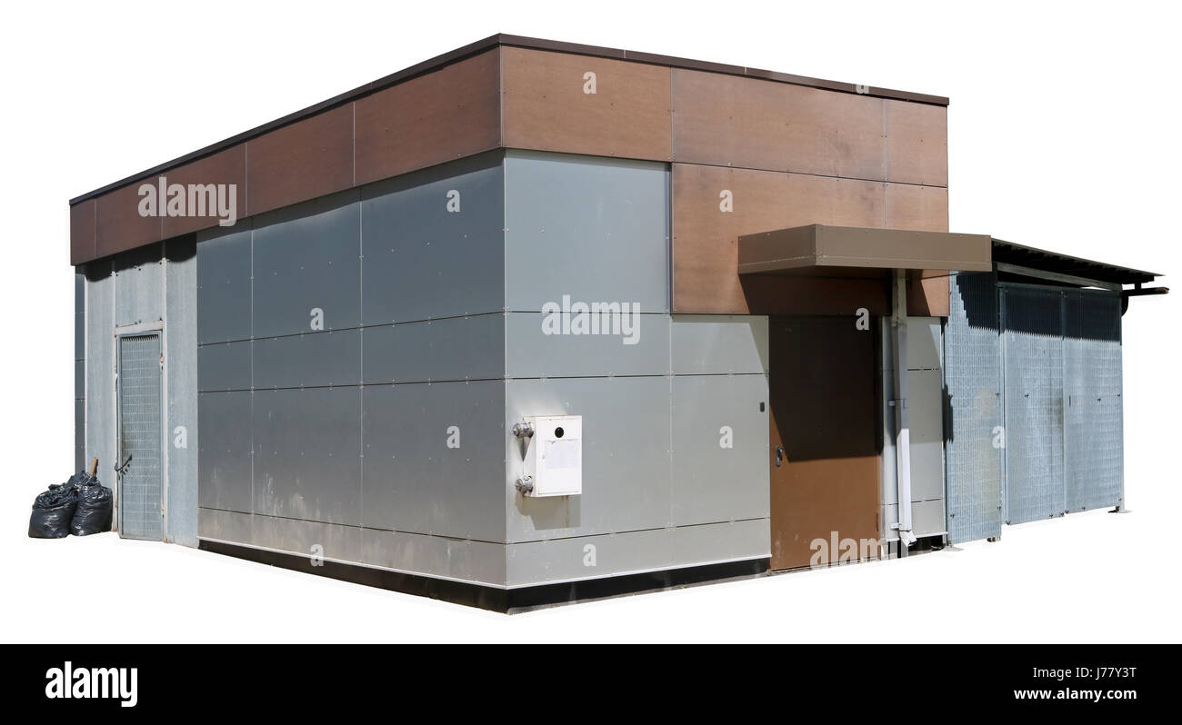 The metal steel shed of city service which overworks and utilizes garbage. Isolated on white Stock Photo