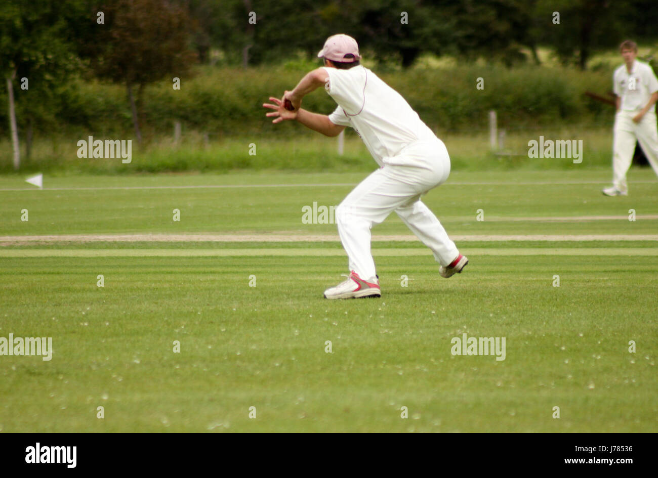 Fielder throwing a cricket ball Stock Photo