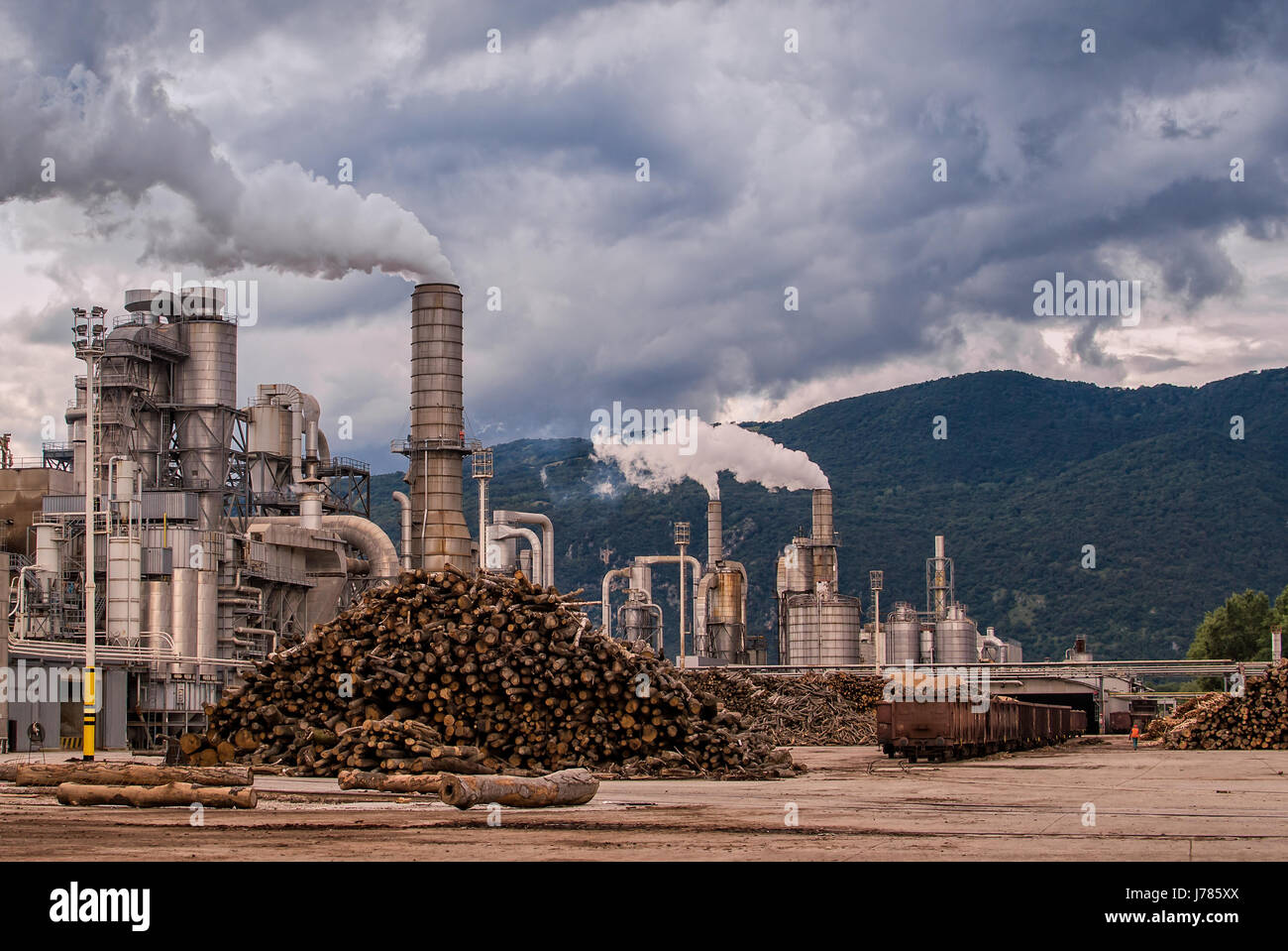 Lumber industry. Smokestacks, silos, rail cars and trunks.  Chemical plant of a furniture factory Stock Photo
