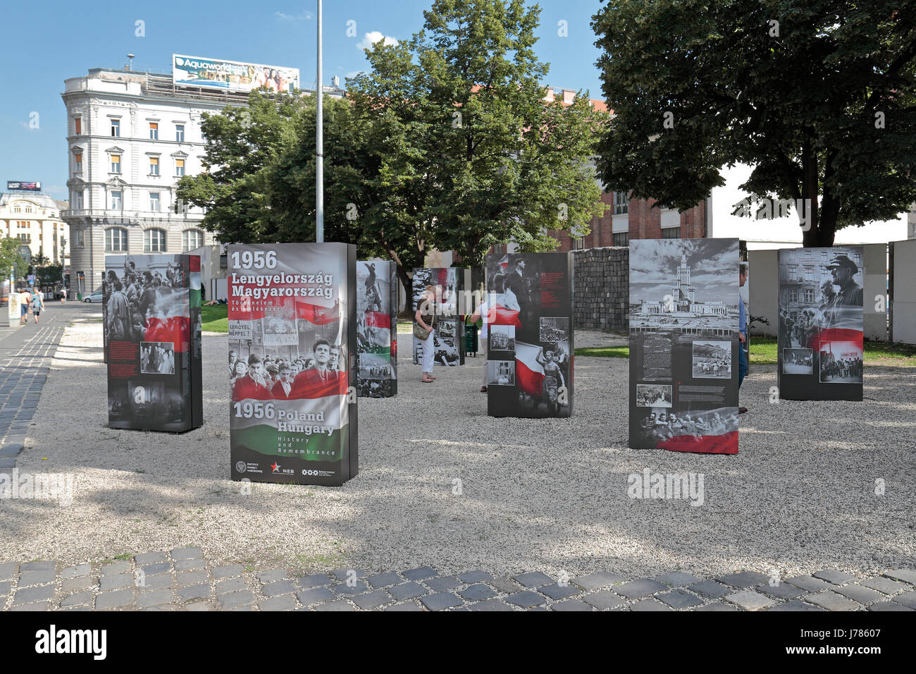 Outdoor photograph display commemorating the 1956 Revolution in Budapest, Hungary. Stock Photo