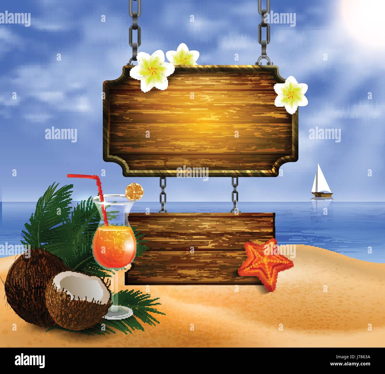 summer wooden sign on tropical beach background Stock Vector Image ...