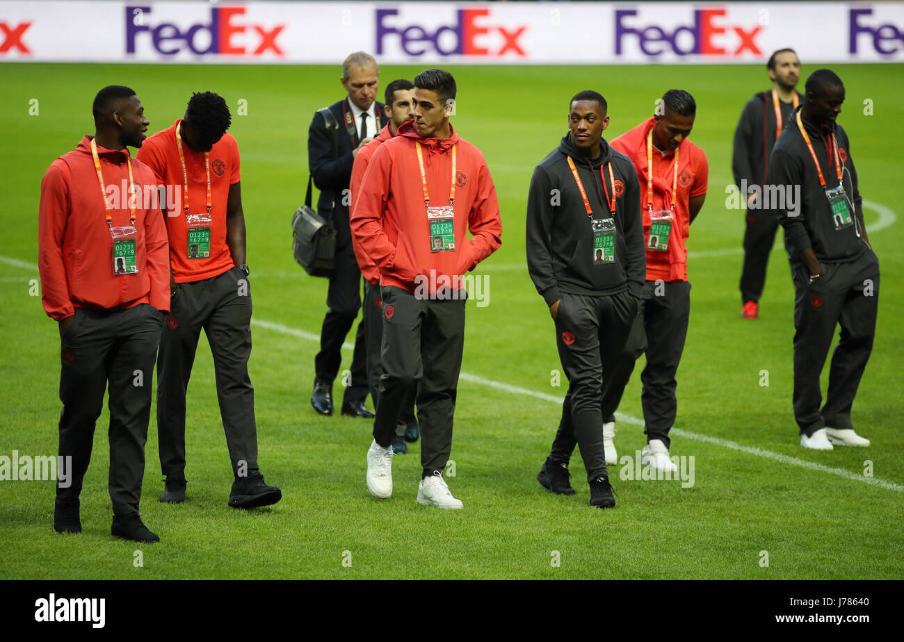 Manchester United's Anthony Martial (centre right) and Joel Castro Pereira during the walk around at the Friends Arena, Stockholm, in Sweden, ahead of the Europa League Final against Ajax tomorrow evening. Stock Photo