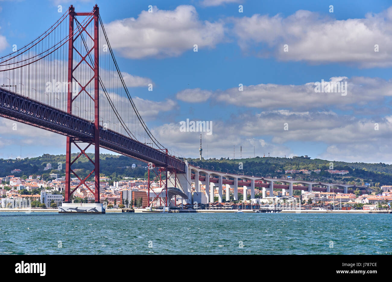 The 25 de Abril Bridge Ponte 25 de Abril, 25th of April Bridge, is a suspension bridge connecting the city of Lisbon Stock Photo