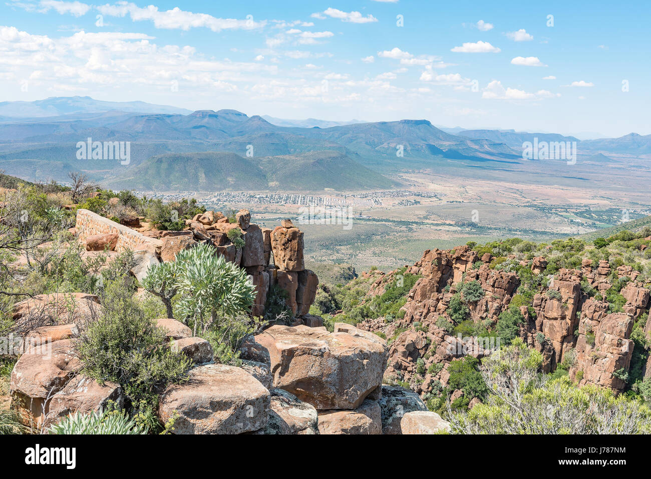 View of Graaff Reinet as seen from the Valley of Desolation viewpoint near Graaff Reinet Stock Photo
