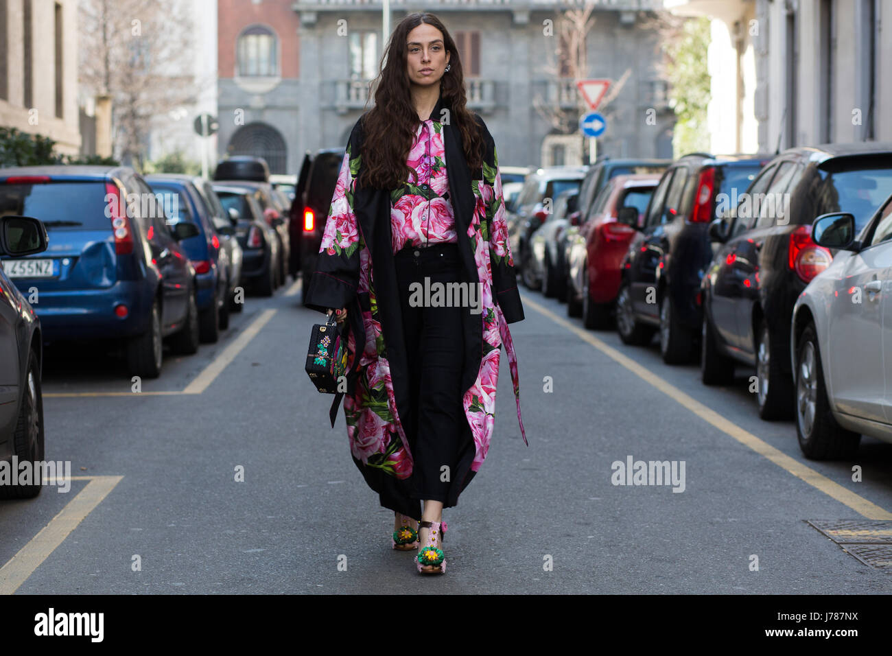 Erika Boldrin wearing a kimono with floral print outside Dolce and Gabanna during Milan Fashion Week Fall/Winter 2017 Stock Photo