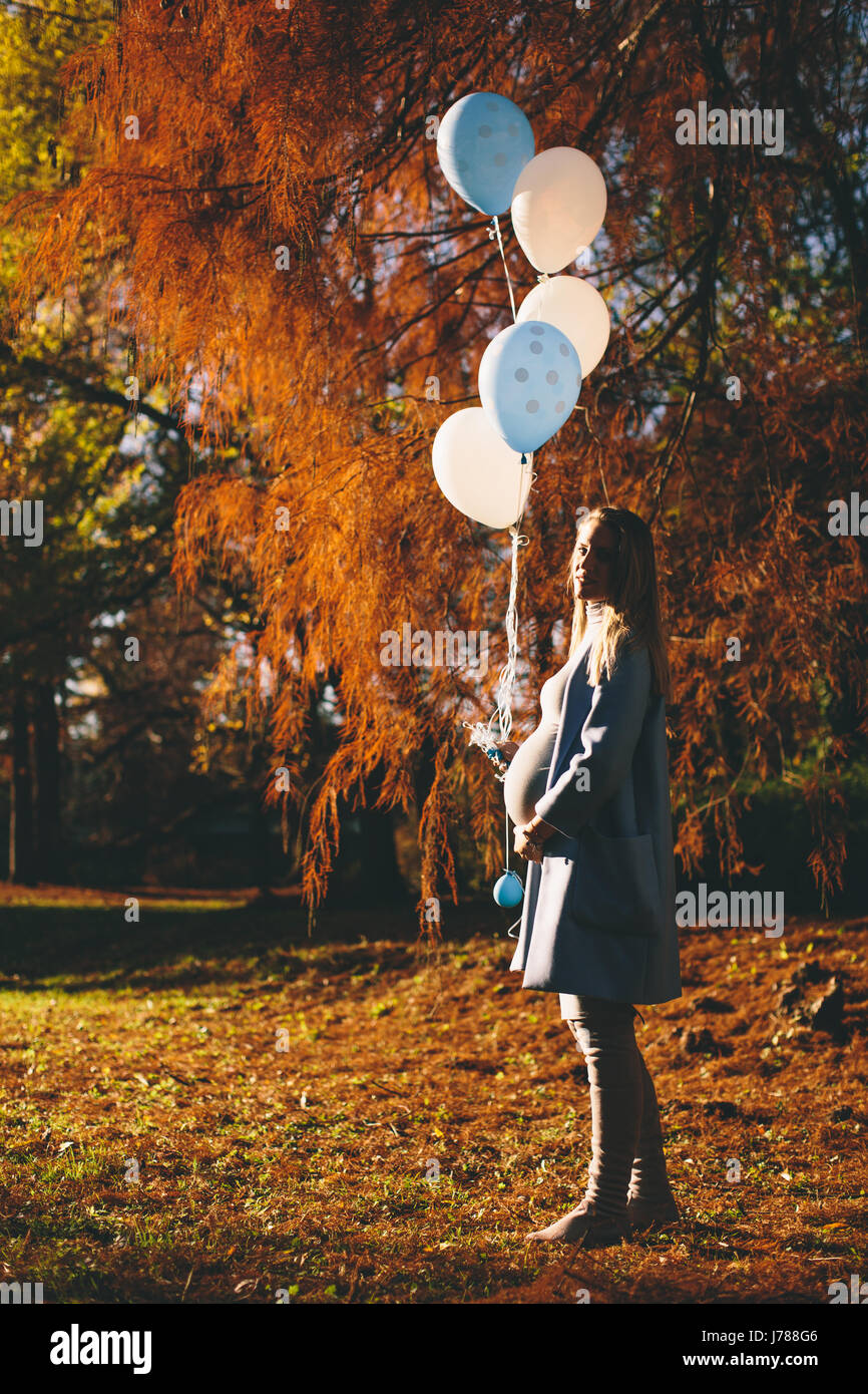 Young pregnant woman walks in autumn park with balloons in hand Stock ...