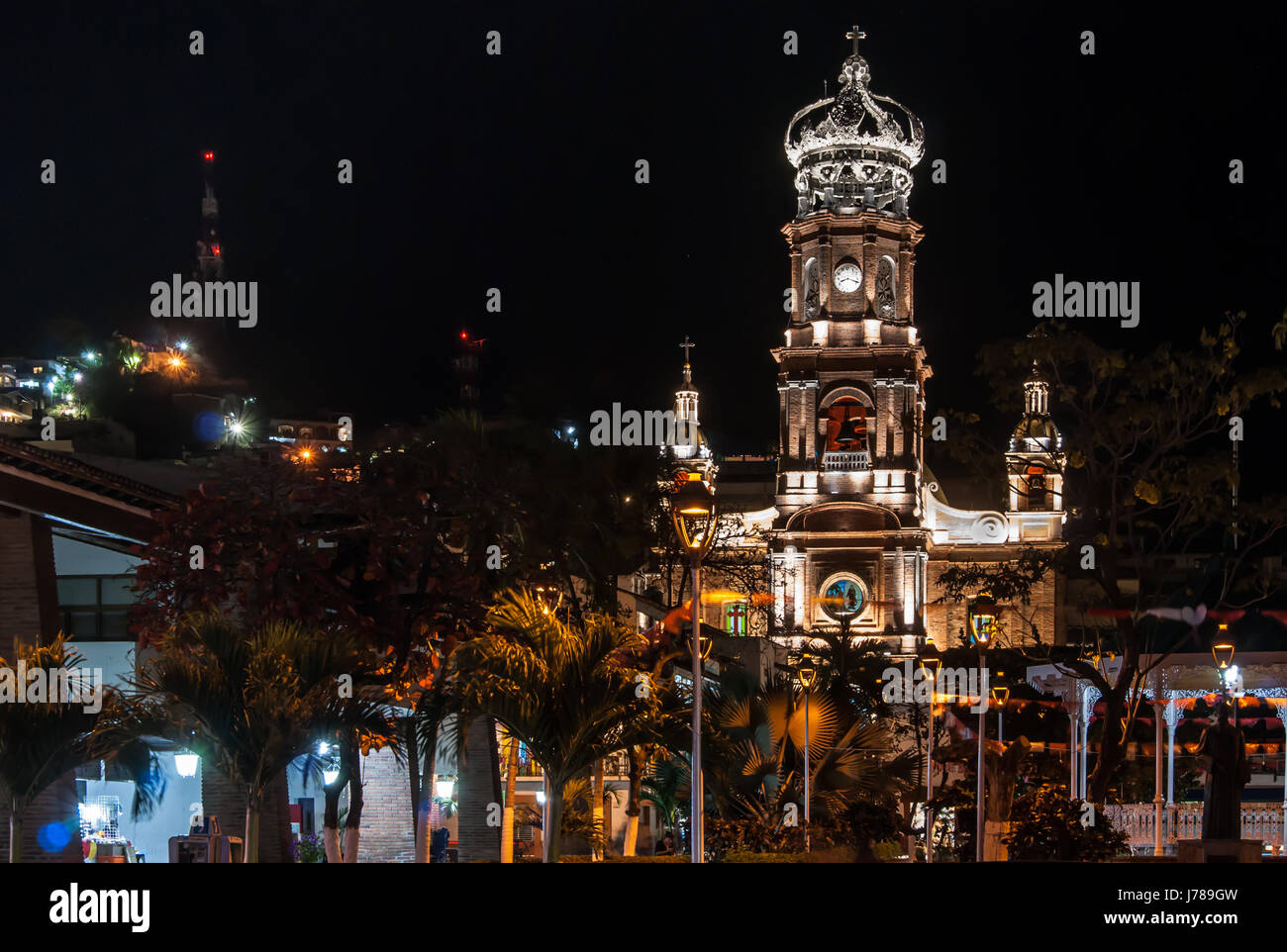 A night photo of the cathedral in Puerto Vallarta beautifully