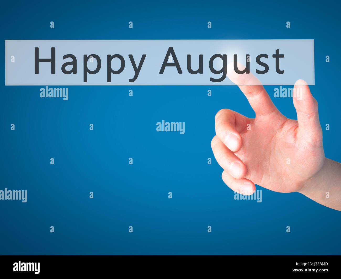 Happy August - Hand pressing a button on blurred background concept . Business, technology, internet concept. Stock Photo Stock Photo