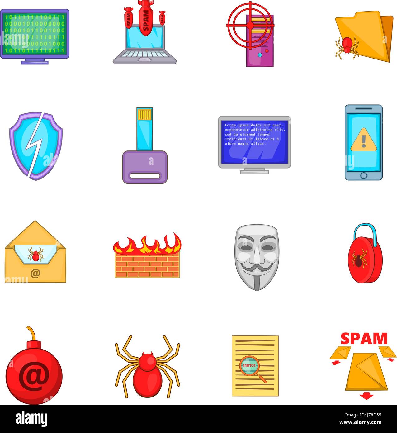Computer security icons set in cartoon style. Cyber virus set ...