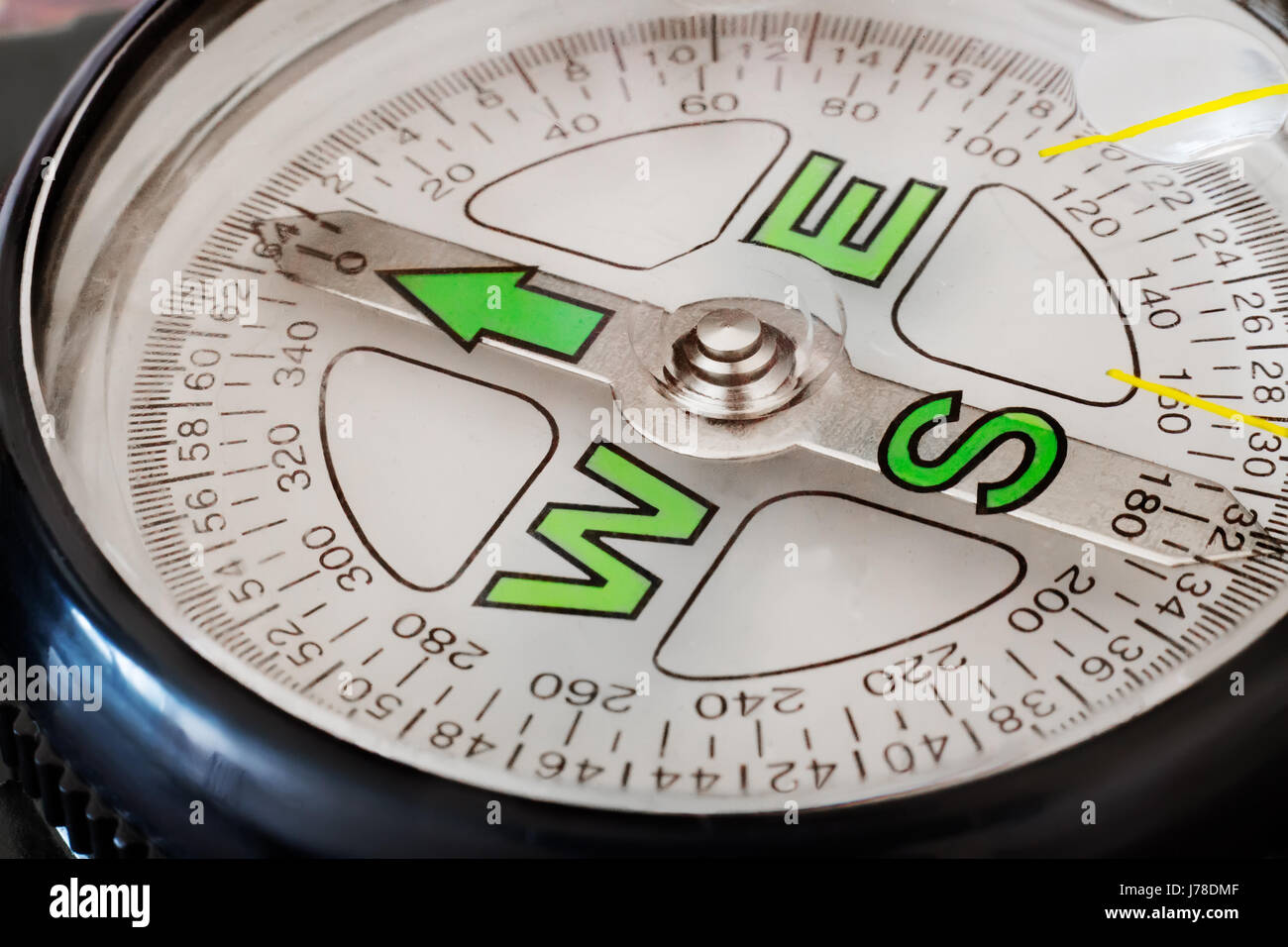 The dial of the compass indicating the cardinal points and the magnetic arrow. Presents close-up. Stock Photo