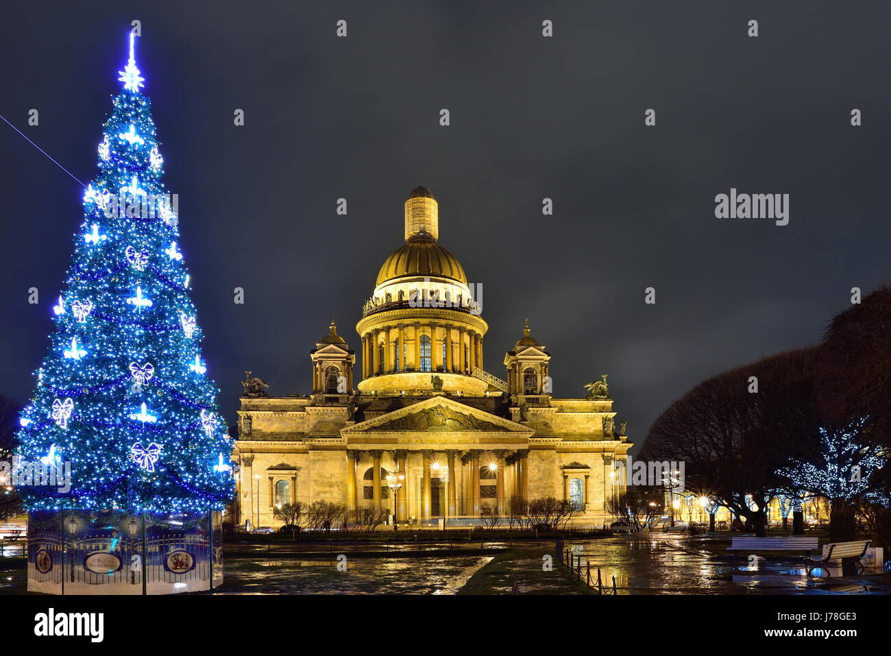 Christmas tree by St. Isaac's Cathedral at night Stock Photo