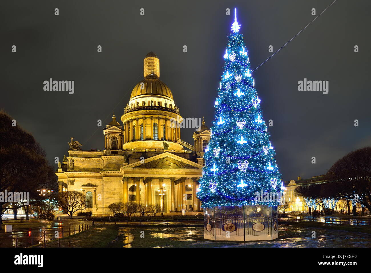 Christmas tree by St. Isaac's Cathedral at night Stock Photo