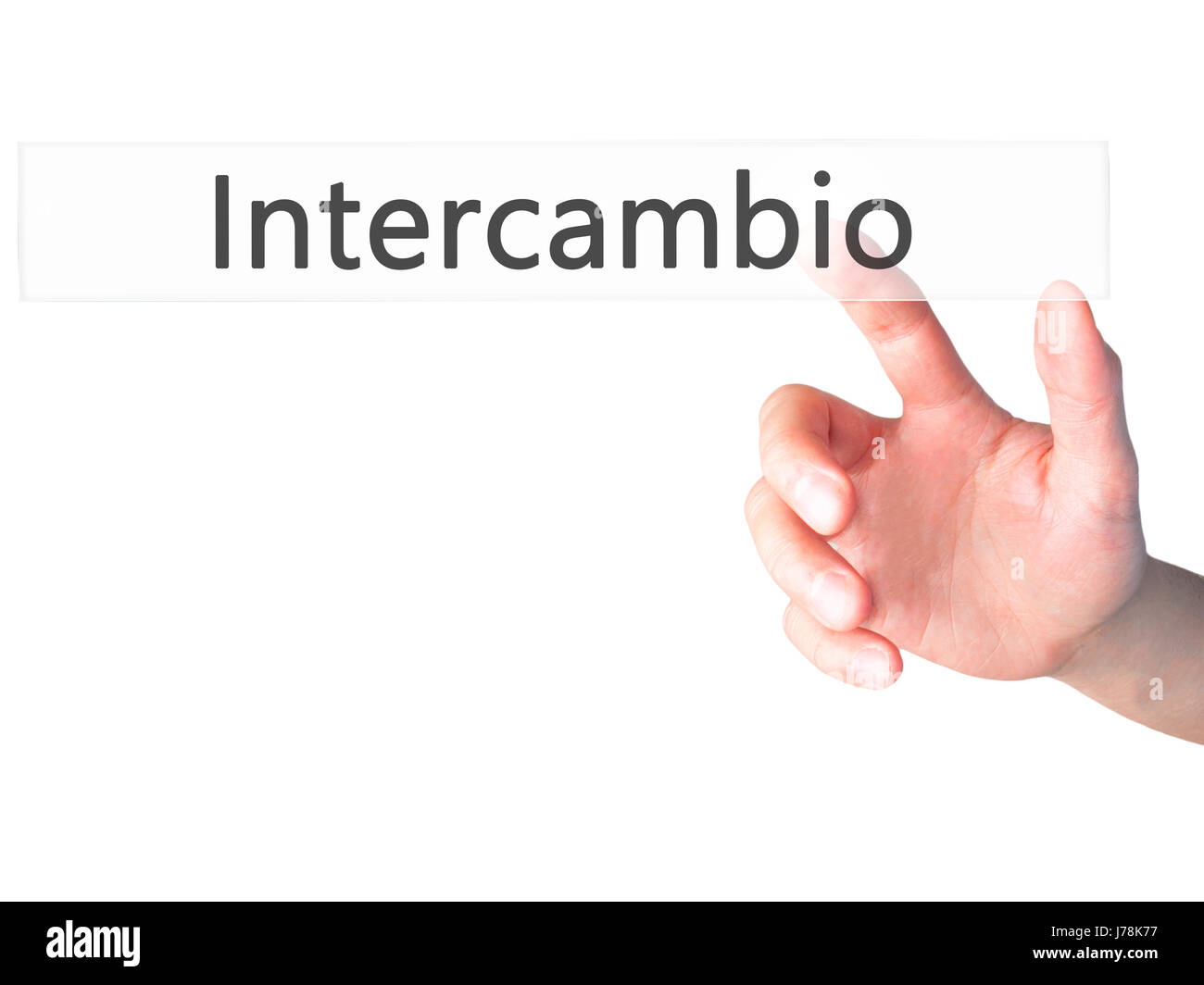 Intercambio (In portuguese - Student Exchange Program)  - Hand pressing a button on blurred background concept . Business, technology, internet concep Stock Photo